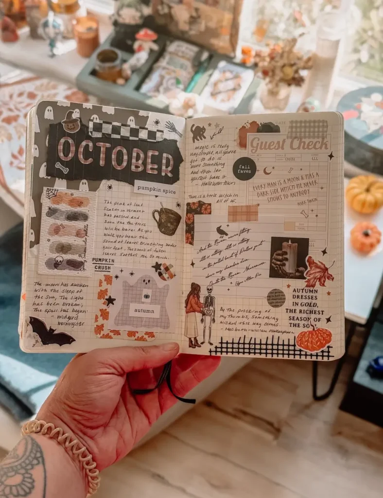 Layered October journal spread with washi tape, ghost stickers, handwritten quotes and a torn paper title card