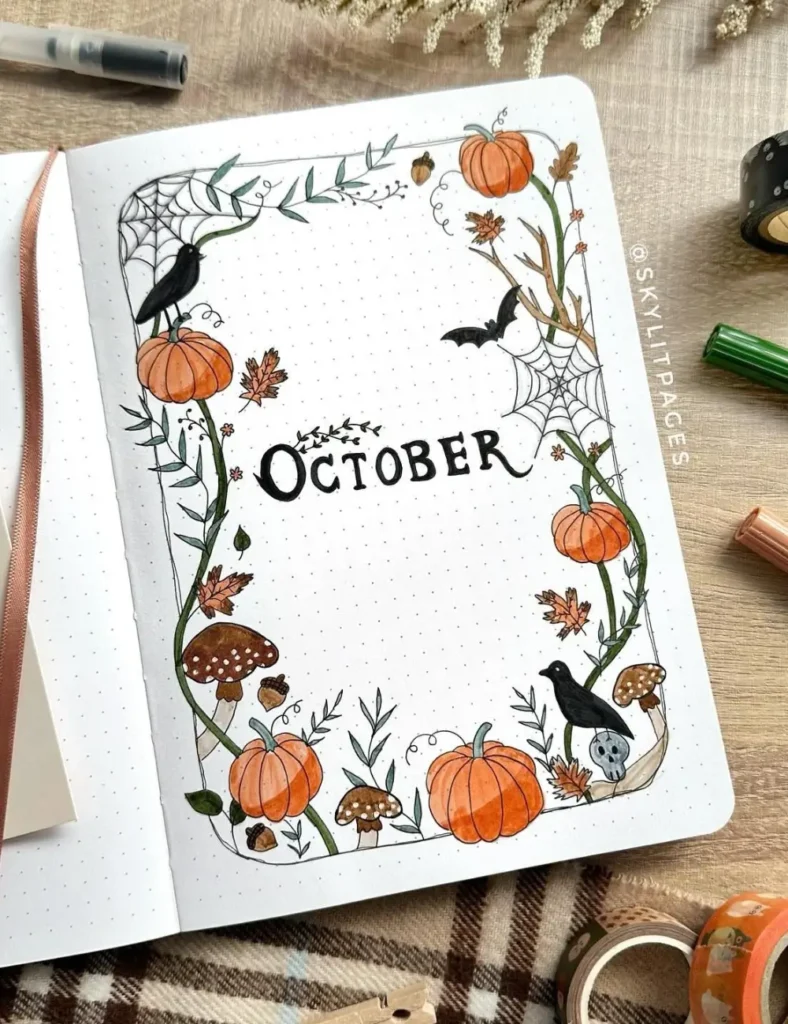Illustrated October cover page bordered with painted pumpkins, mushrooms, acorns and perched black crows