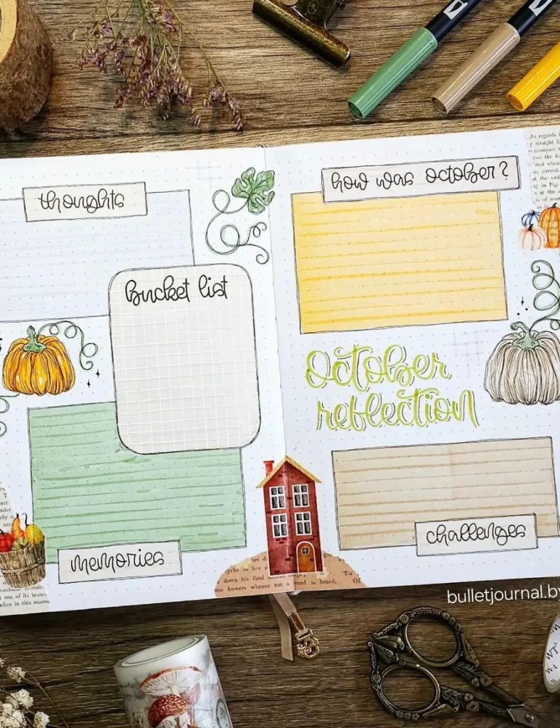 October reflection bullet journal spread with sections for thoughts, memories, a bucket list and monthly challenges
