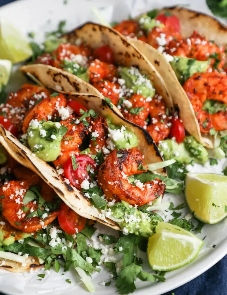 Chili lime shrimp tacos topped with cabbage and avocado jalapeño crema
