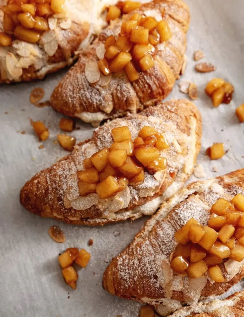 Apple pie almond croissants topped with sliced almonds and apple filling, dusted with powdered sugar