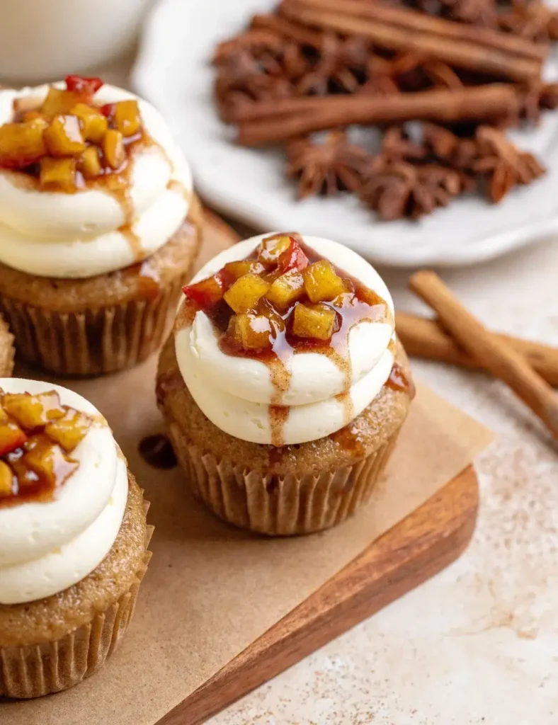Apple pie cupcakes topped with vanilla buttercream and a spoonful of apple pie filling