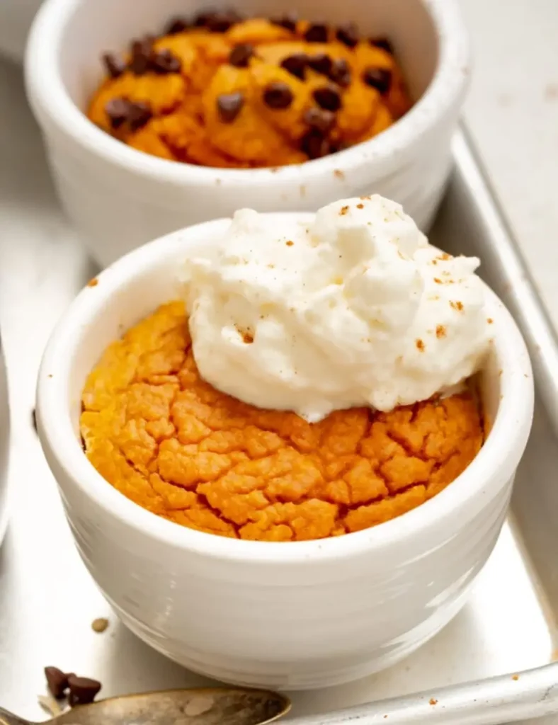 Baked pumpkin oatmeal mug cake topped with whipped cream and cinnamon