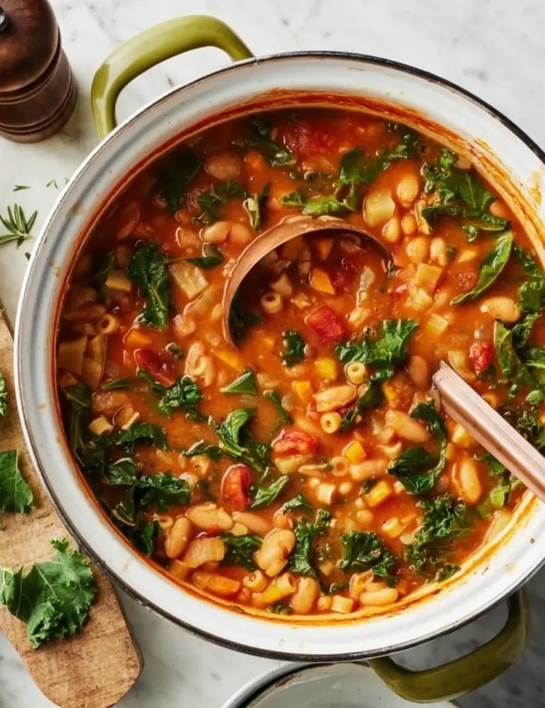 Bowl of pasta e fagioli with cannellini beans, ditalini pasta and kale in a tomato broth