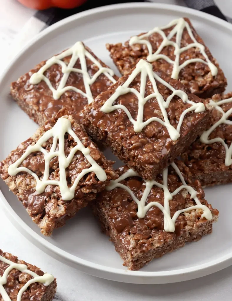 Chocolate Rice Krispie treats decorated with a piped white chocolate spider web