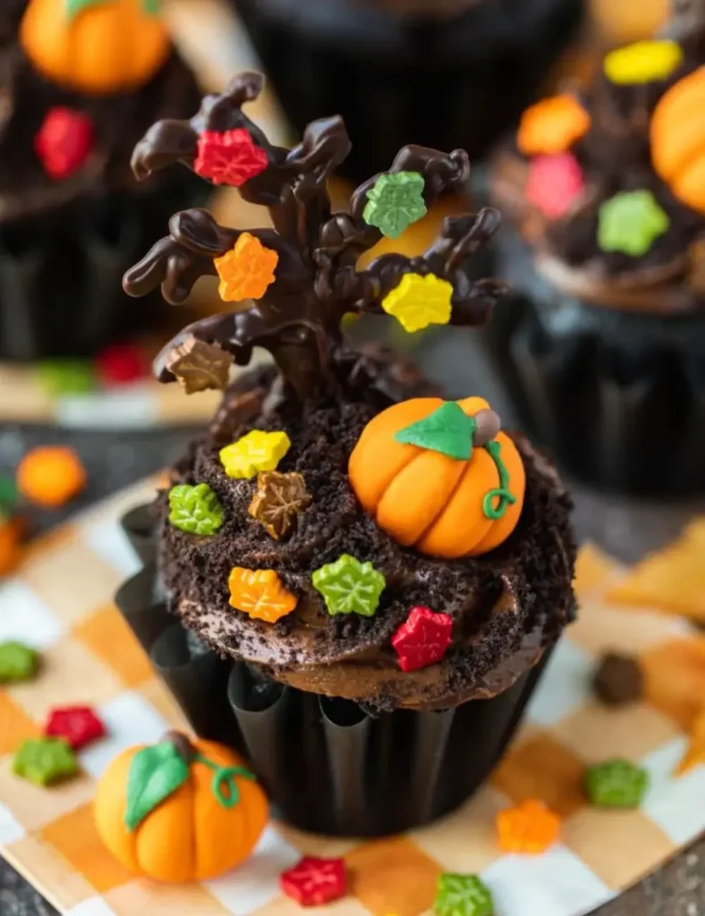 Chocolate cupcakes decorated with chocolate trees, leaf sprinkles, and pumpkin candy