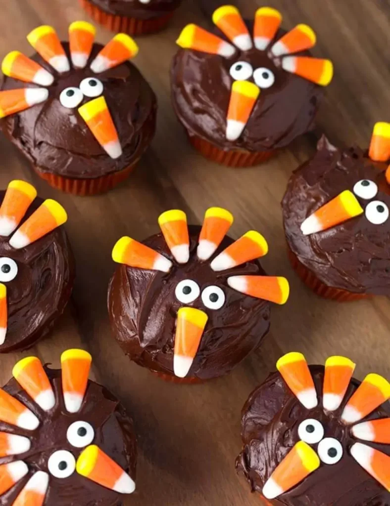 Chocolate-frosted cupcake decorated as a turkey with candy corn feathers and googly eyes