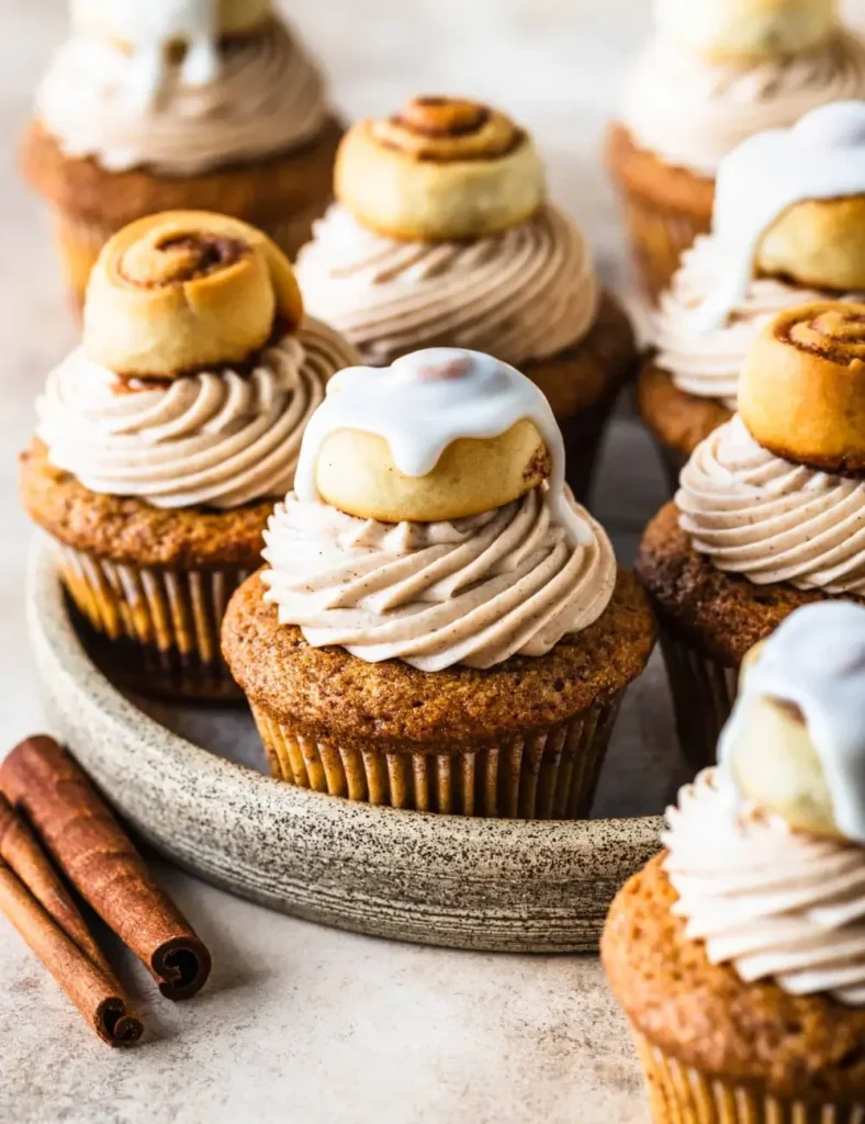 Cinnamon roll cupcakes topped with a mini glazed cinnamon roll and cream cheese frosting
