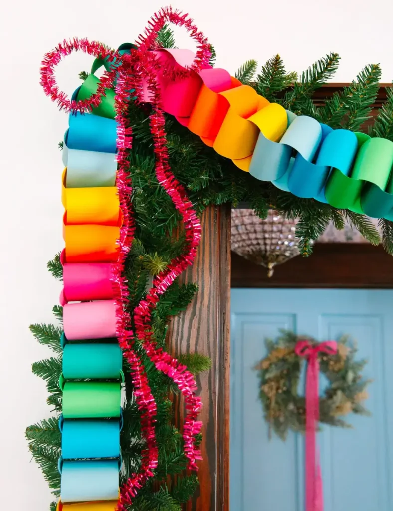 Colorful chunky paper chain garland made from looped and stapled cardstock strips