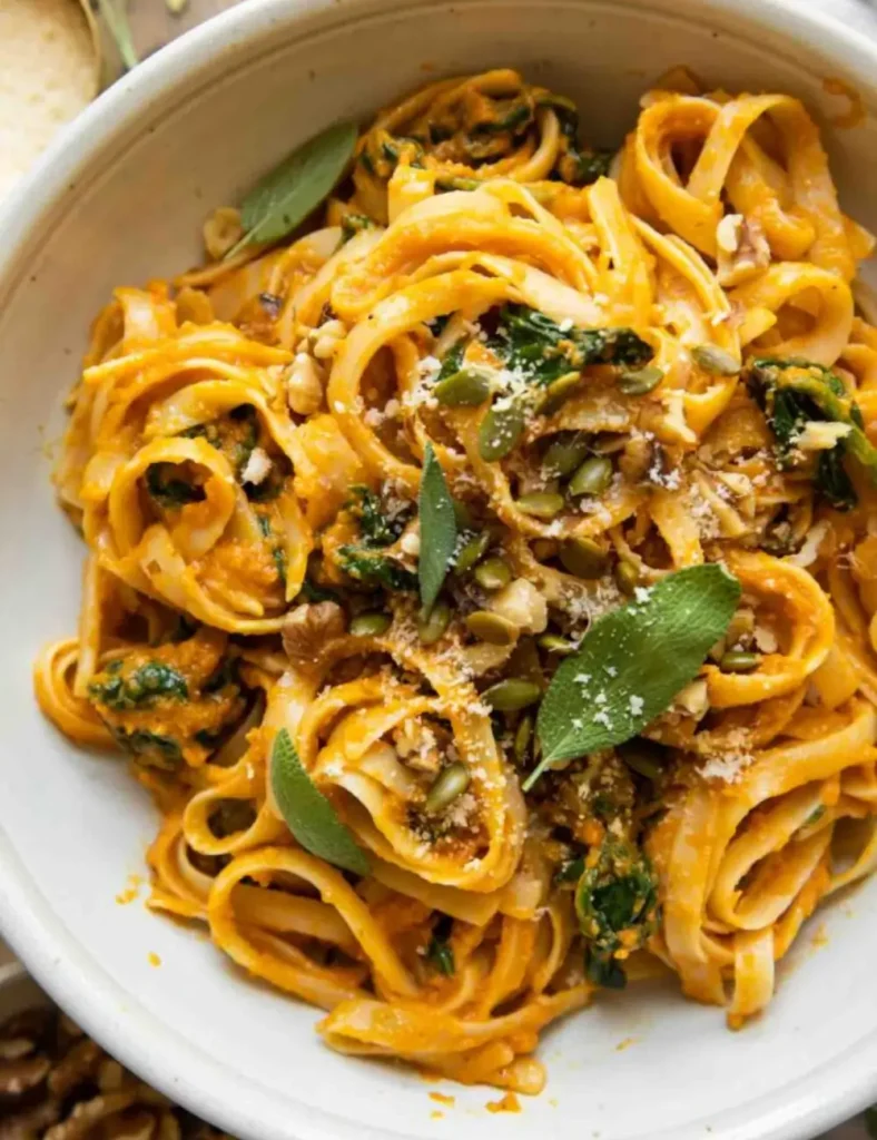 Creamy pumpkin sage pasta in a white bowl topped with walnuts, pepitas and fresh sage