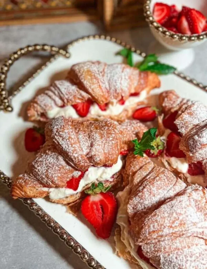 Croissant filled with mascarpone cream and fresh strawberries, dusted with powdered sugar