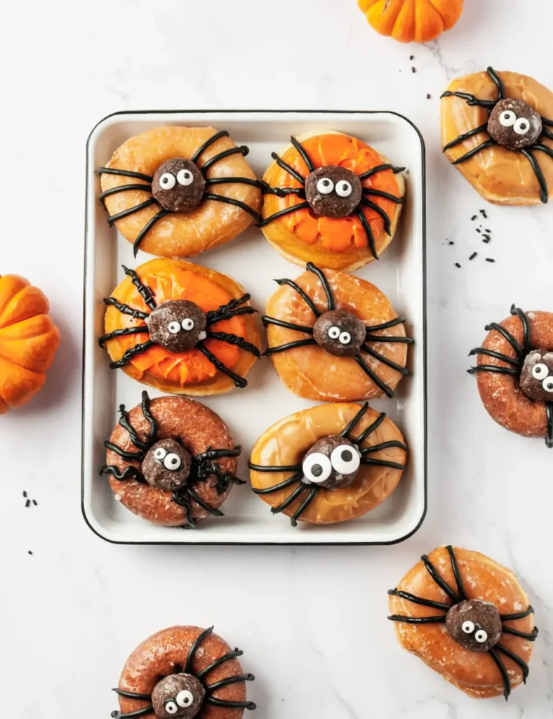 Donut decorated with black icing spider legs and a donut hole spider body topped with candy eyes