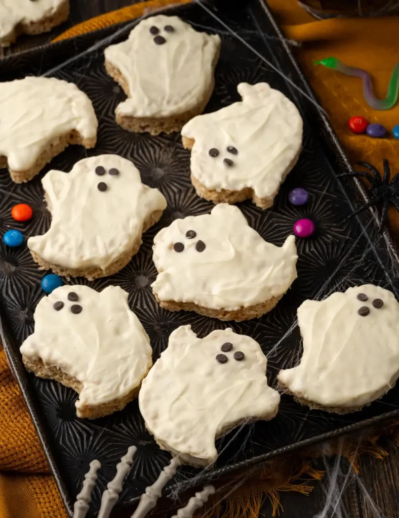 Ghost-shaped Rice Krispie treats dipped in white chocolate with chocolate chip faces