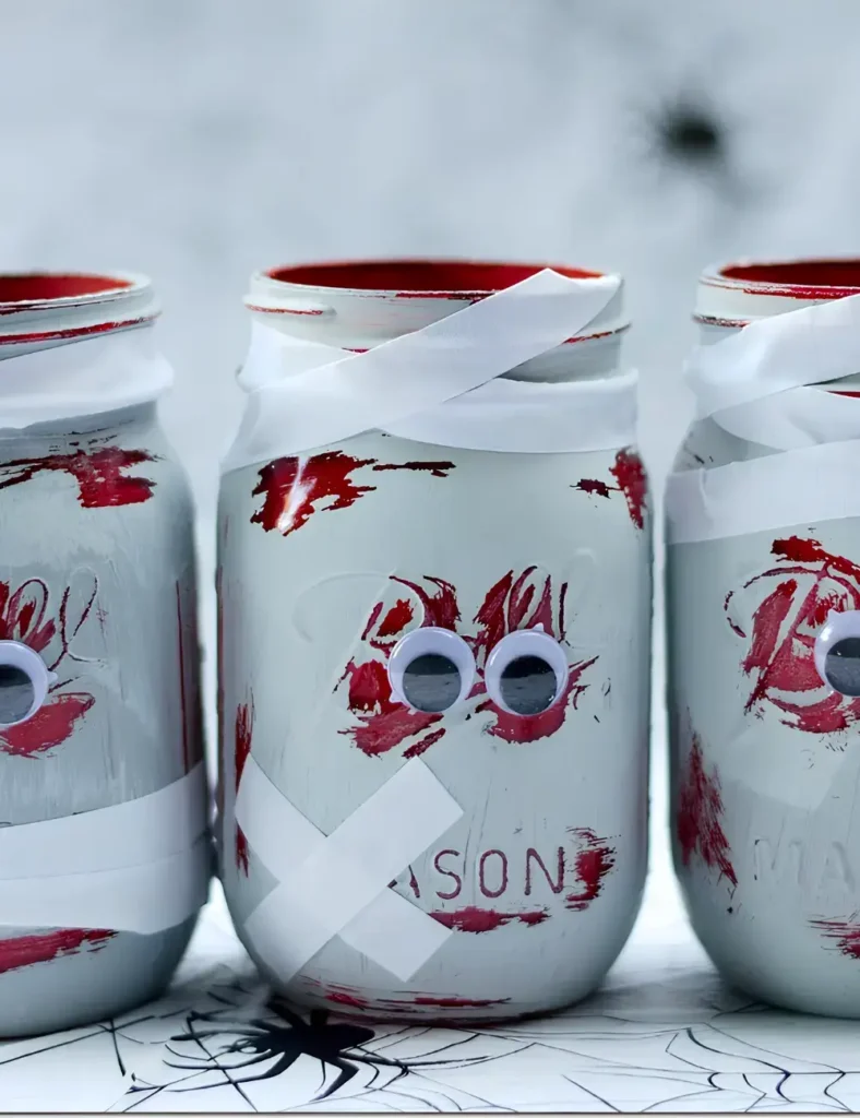 Gray and red distressed zombie mason jar craft with googly eyes and small bandage details