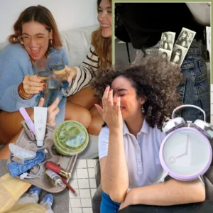 Collage of a Gen Z girls' night: two women toasting champagne glasses on a couch, a beauty tray with skincare and lip products next to an iced drink, a curly-haired woman laughing with her hand near her face, black-and-white photo booth strips, and a purple alarm clock overlay.