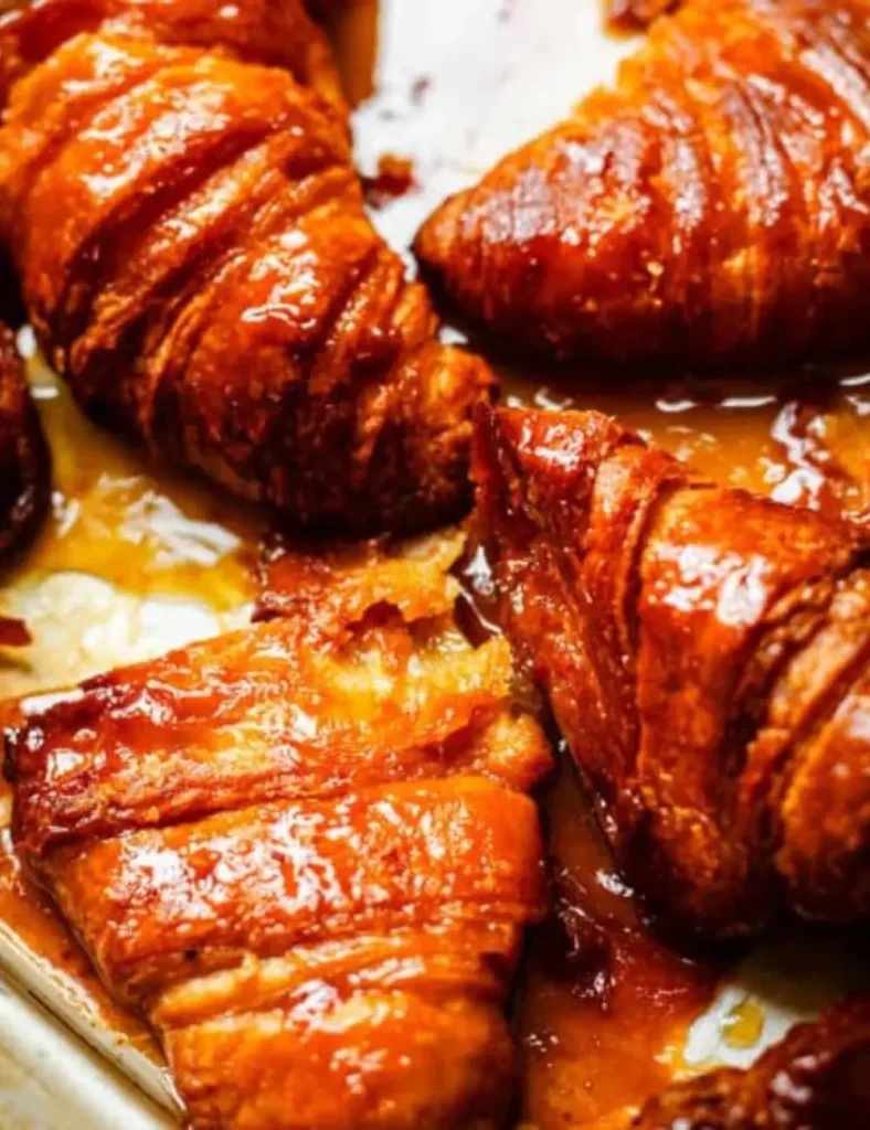 Halved croissants glazed with honey butter, baked until golden and caramelized on a tray