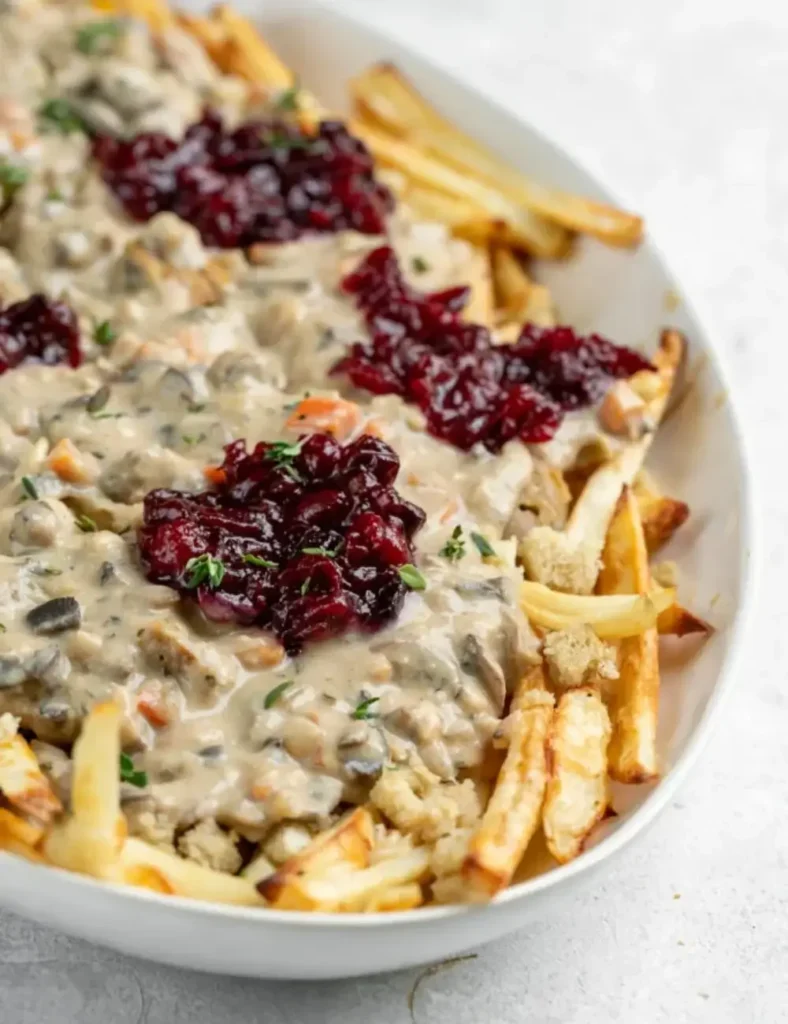 Loaded vegan Thanksgiving leftover fries topped with stuffing, roast, mushroom gravy and cranberry sauce