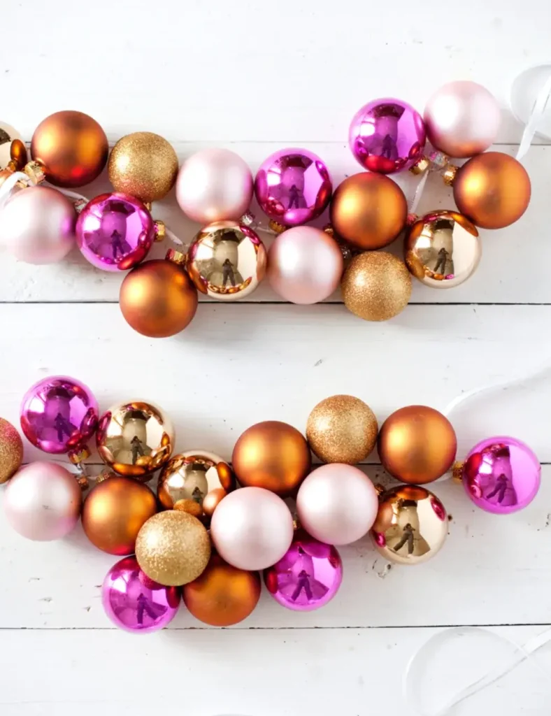 Ornament garland made by stringing baubles directly onto ribbon