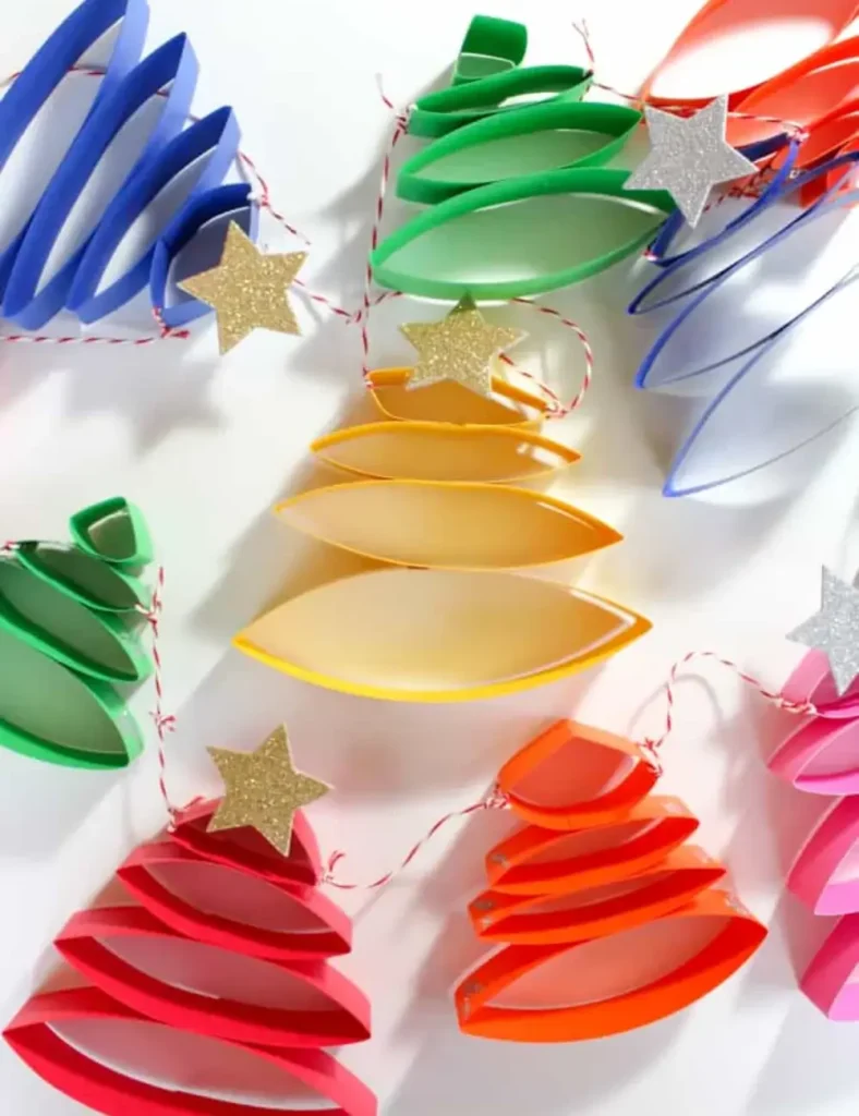 Paper Christmas tree garland made from stacked colorful cardstock rings