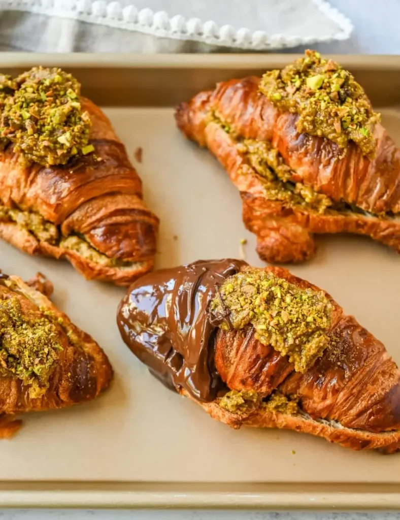 Pistachio croissants filled with pistachio cream, topped with chopped pistachios and dusted with powdered sugar