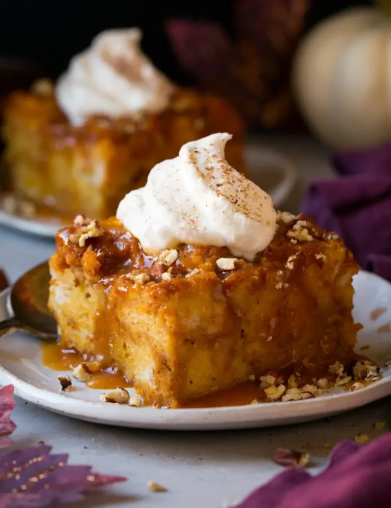 Pumpkin-bread-pudding-in-a-baking-dish-topped-with-salted-caramel-sauce-whipped-cream-and-toasted-pecans.