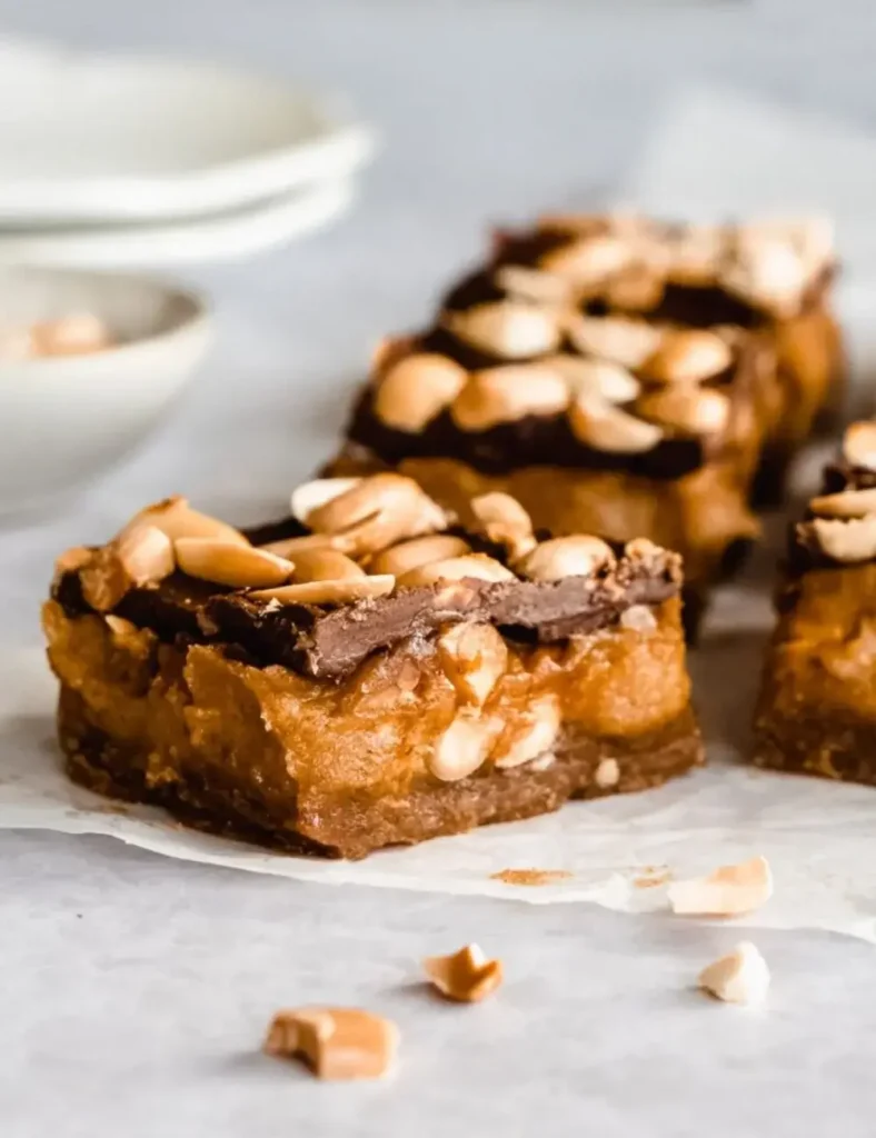 Pumpkin cheesecake bars with a chocolate and peanut topping