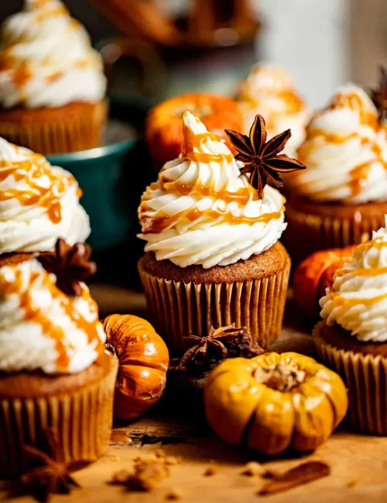 Pumpkin cupcakes topped with cinnamon cream cheese frosting and salted caramel drizzle