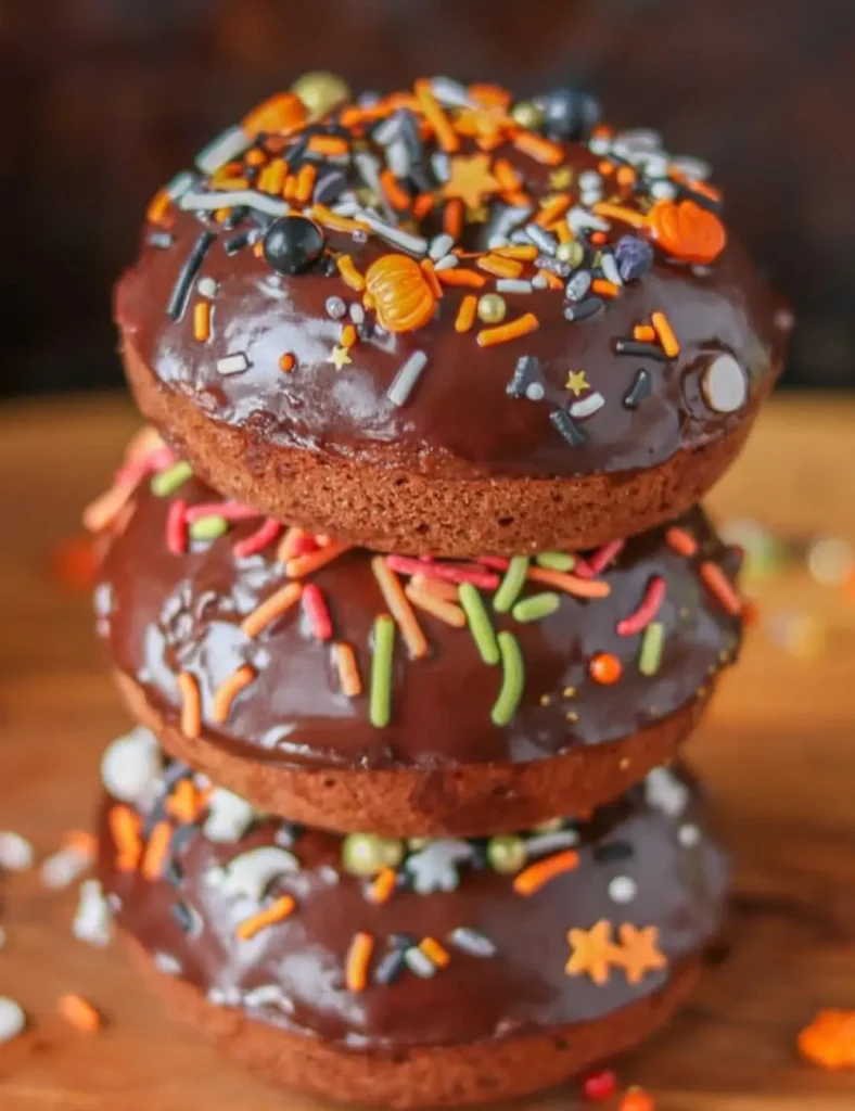 Pumpkin spice chocolate donuts dipped in ganache and topped with sprinkles