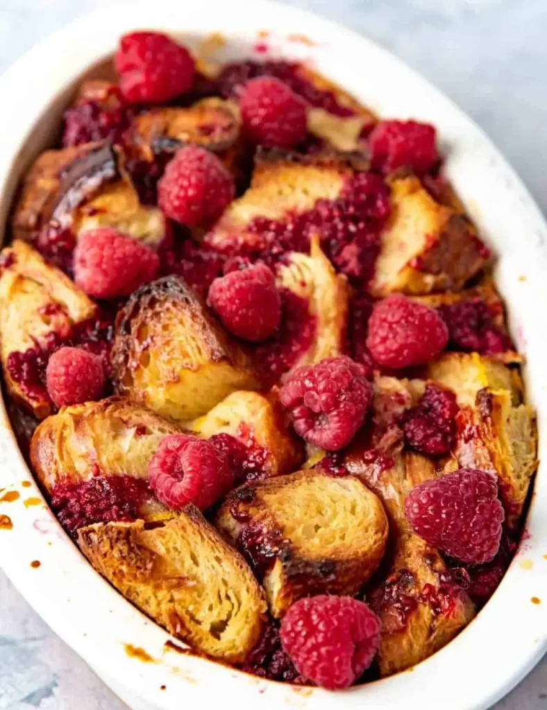 Raspberry croissant bread pudding in a dish with fresh raspberries and caramelized golden edges