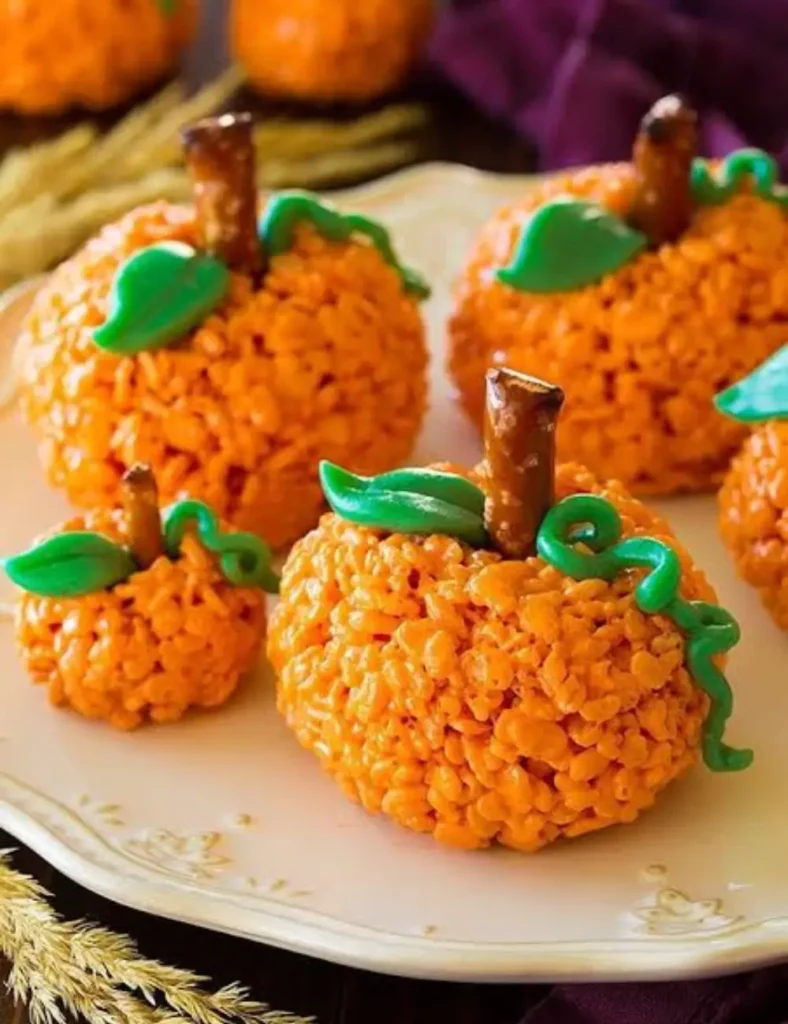 Rice Krispie treats shaped like pumpkins with pretzel stems and green candy vines