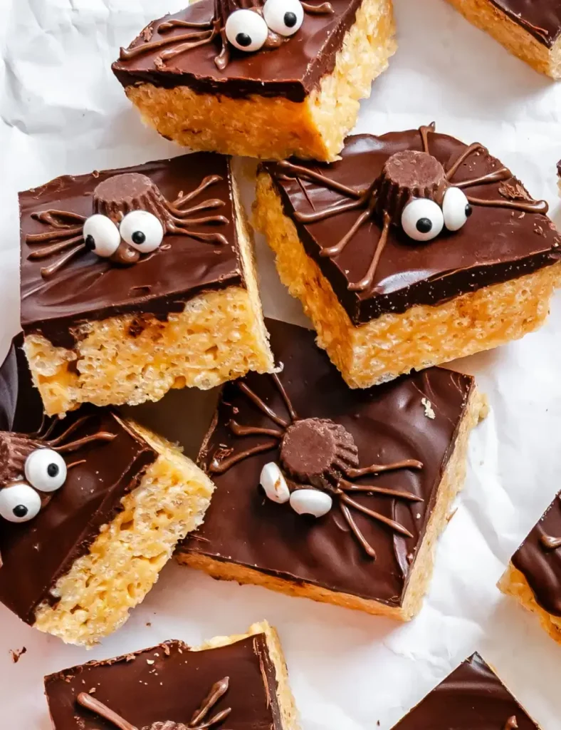 Rice Krispie treats topped with chocolate and Reese's cup spiders with candy eyes