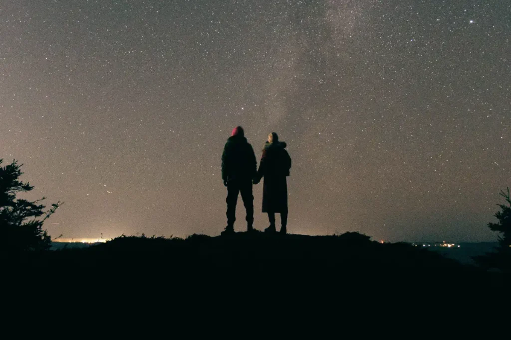 Romantic silhouette of a couple under a vast, star-filled night sky.