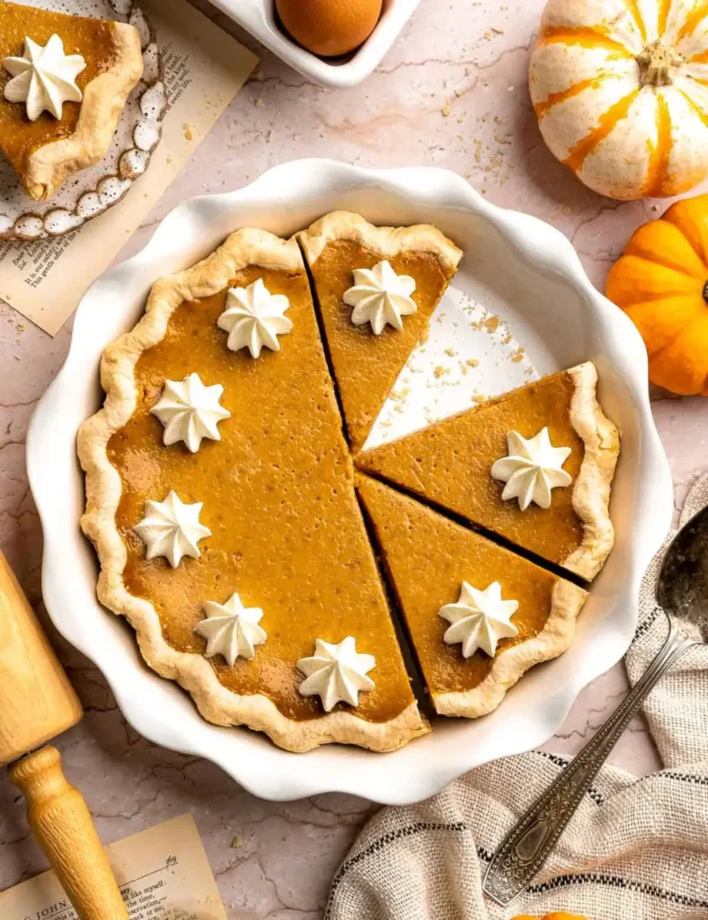 Slice of classic homemade pumpkin pie topped with whipped cream