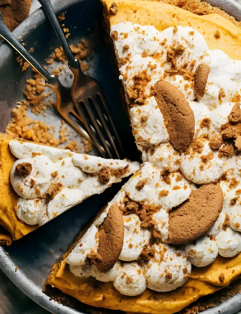 Sliced no-bake pumpkin pie showing layers of softened gingersnap cookies