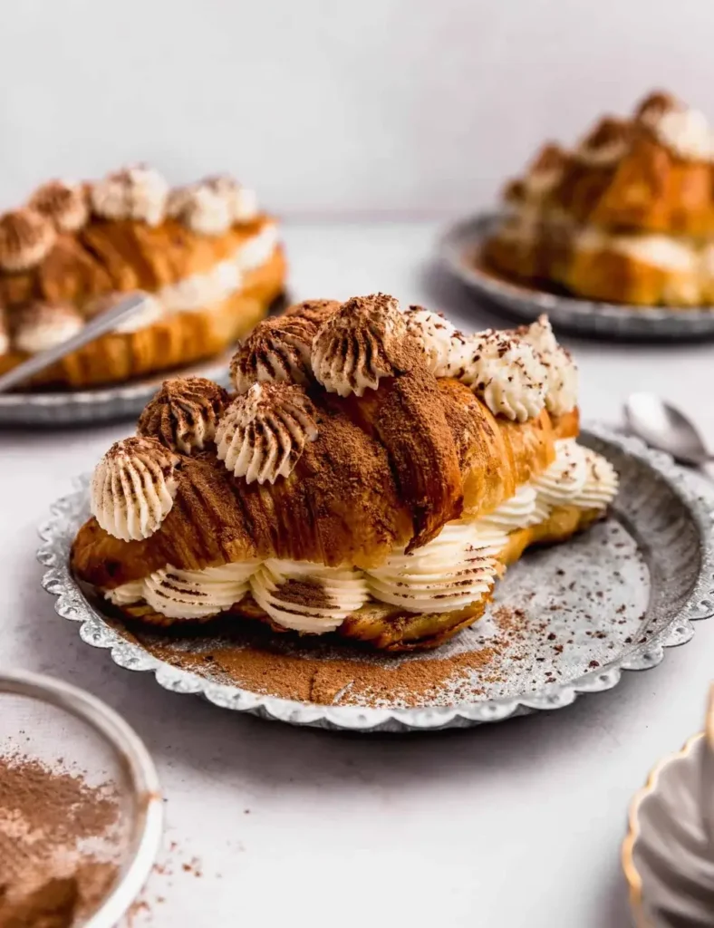 Tiramisu croissant filled with mascarpone cream and dusted with cocoa powder and grated chocolate