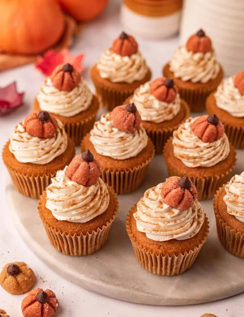 Vegan pumpkin cupcakes with swirled cream cheese frosting and mini pumpkin decorations