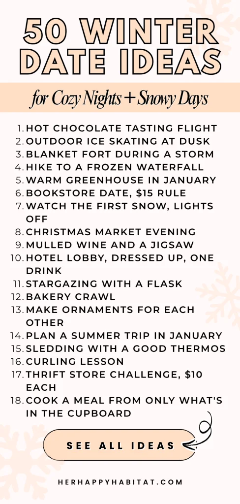 Tall Pinterest graphic titled 50 Winter Date Ideas listing ice skating, hot chocolate tasting, and blanket forts