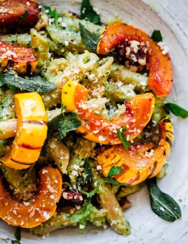 Whole wheat pasta with green walnut sage pesto topped with roasted delicata squash and crispy sage leaves
