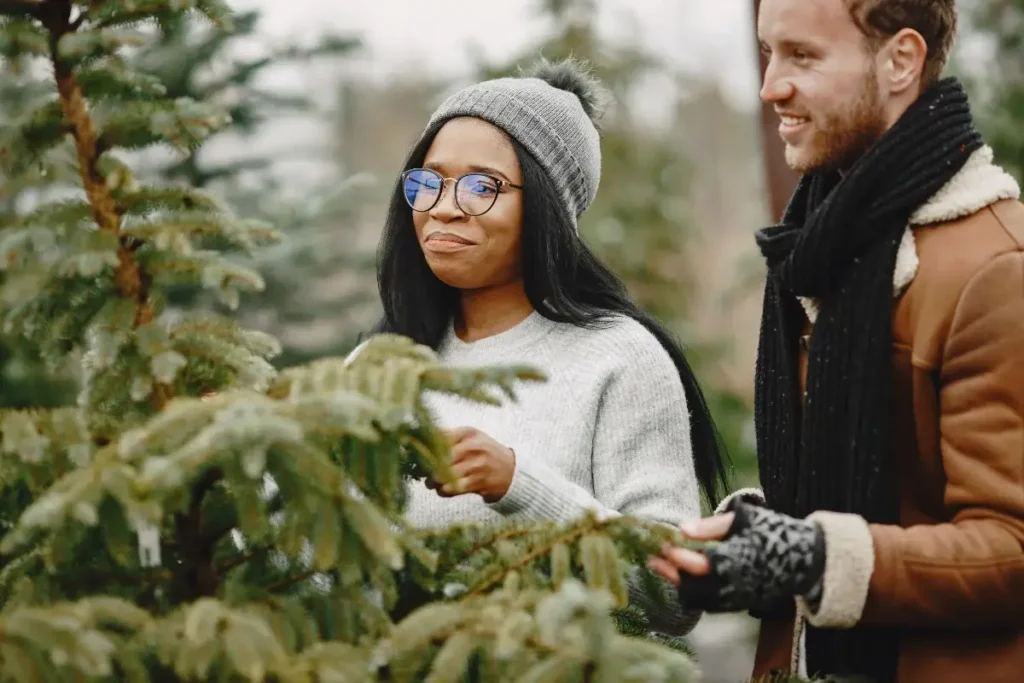 Young couple selecting a Christmas tree in a festive outdoor nursery
