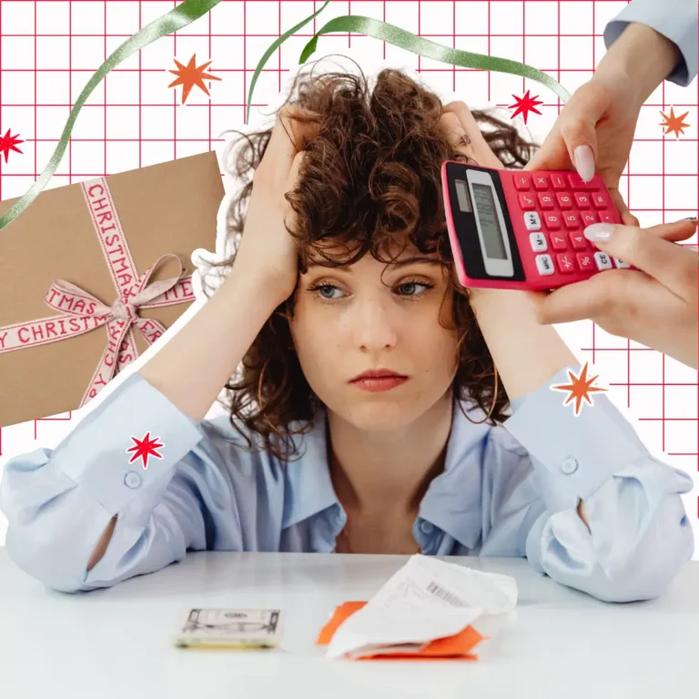 Stressed woman with cash, receipts, a calculator, and a Christmas gift illustrating holiday budgeting