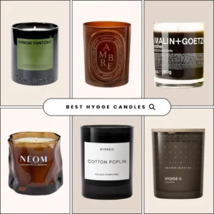 Collage of six hygge candles from Boy Smells, Diptyque, Malin+Goetz, NEOM, Byredo and Skandinavisk, labeled best hygge candles