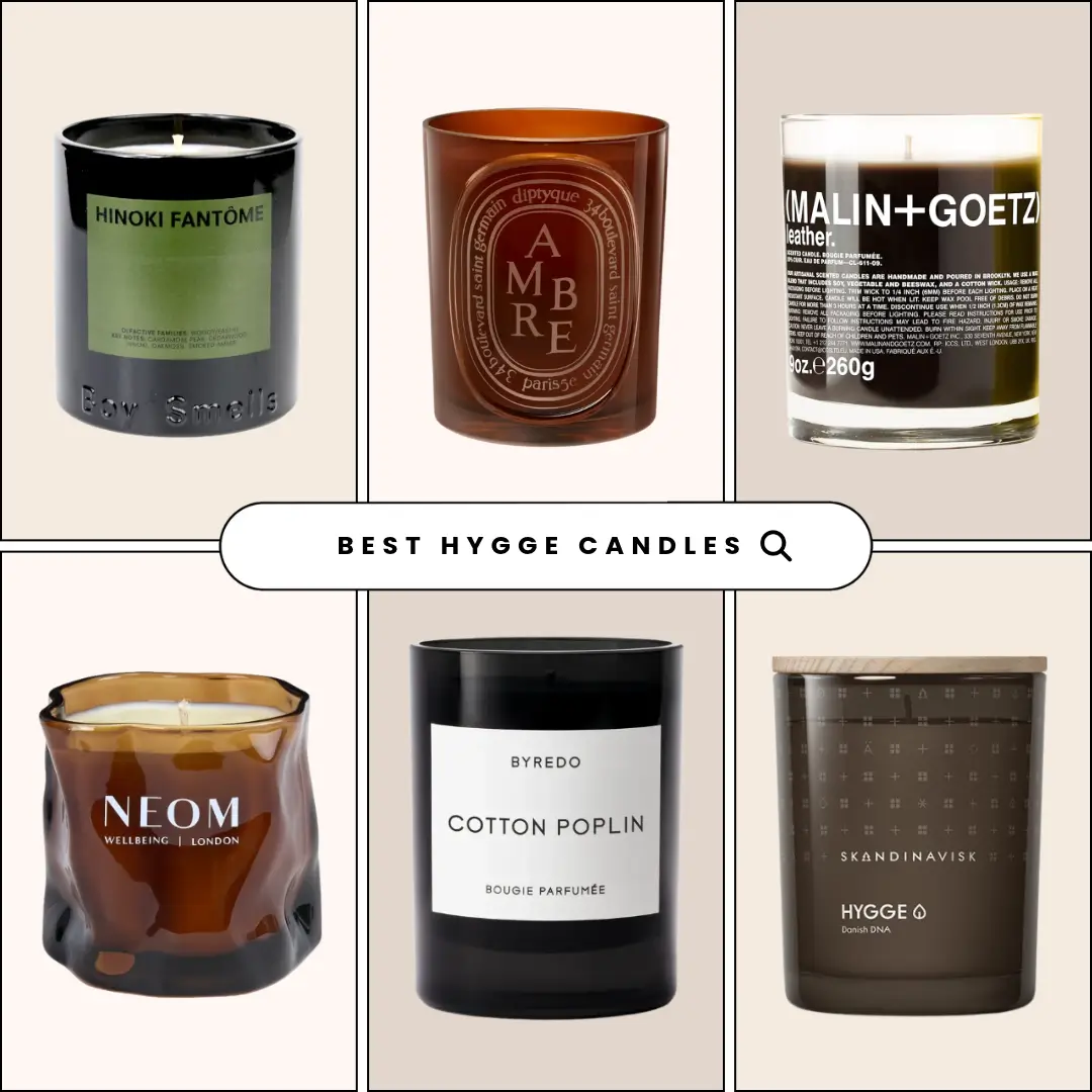 Collage of six hygge candles from Boy Smells, Diptyque, Malin+Goetz, NEOM, Byredo and Skandinavisk, labeled best hygge candles
