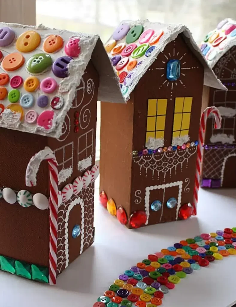 Gingerbread house village made from milk cartons, decorated with buttons, craft jewels and white frosting-style roofs