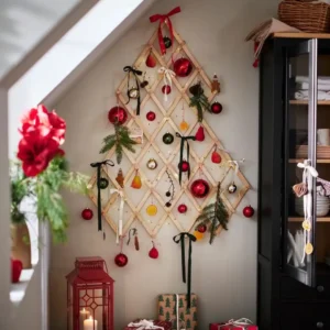 IKEA Vinterfint lattice Christmas tree decorated with red baubles, ribbons, and pine sprigs
