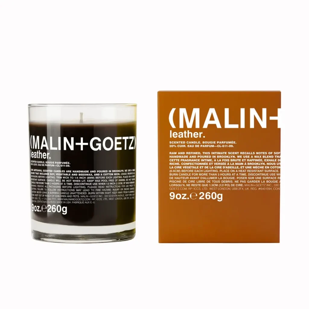 Malin+Goetz Leather scented candle in a glass jar.