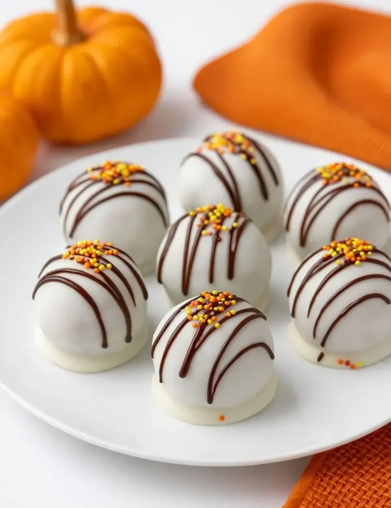 Pumpkin spice cake pops with white coating, chocolate drizzle, and sprinkles, one with a bite taken out