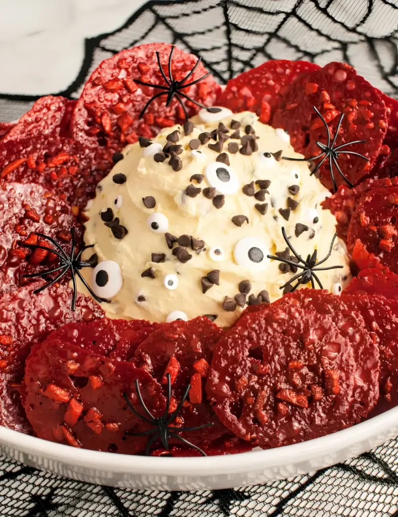 Sweet cannoli dip topped with candy eyes and chocolate chips, served with red lace cookies
