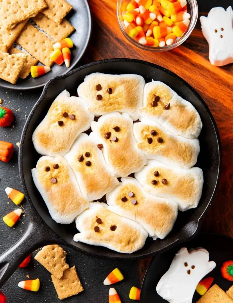 Toasted ghost-shaped marshmallow Peeps on melted chocolate in a skillet, served with graham crackers