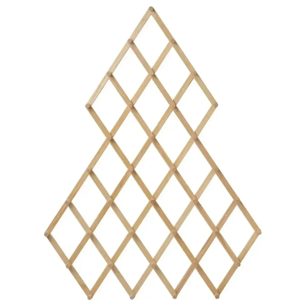 Undecorated IKEA Vinterfint wall decoration made of pine wood slats in a diamond lattice pattern forming a Christmas tree shape with wooden pegs
