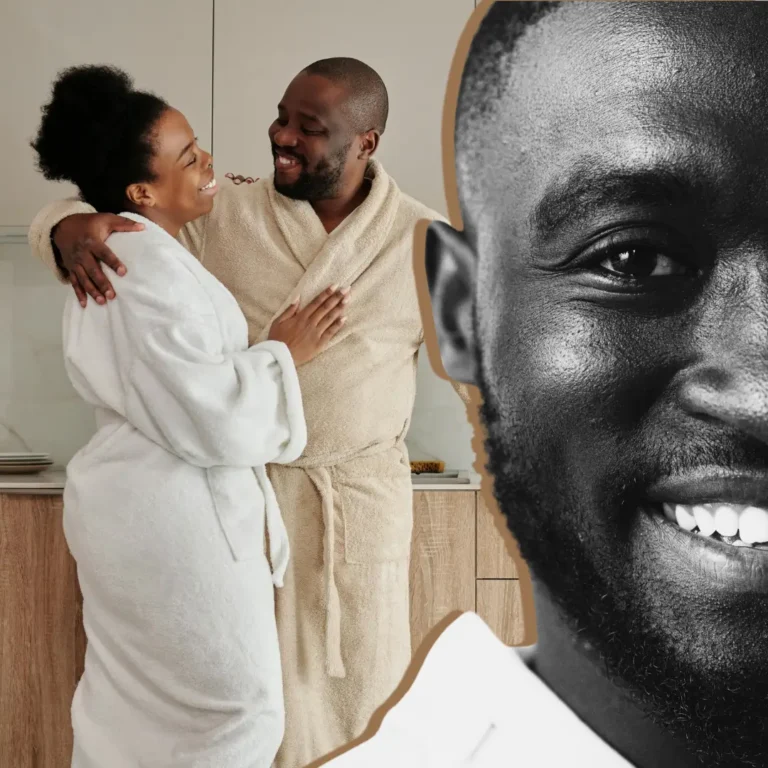Smiling couple in bathrobes embracing in a kitchen beside a close-up black and white portrait of a smiling man, illustrating compersion